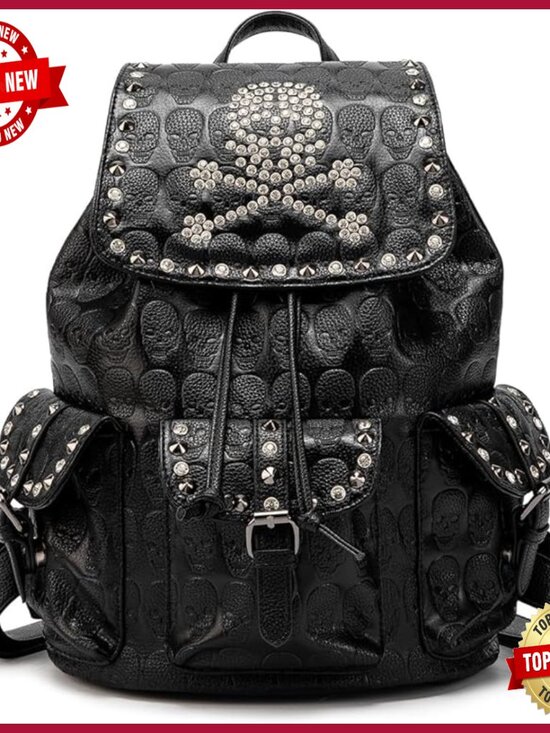 Gothic Skull Embossed Backpack with Rhinestones, Multi-Pocket Daypack main image 5